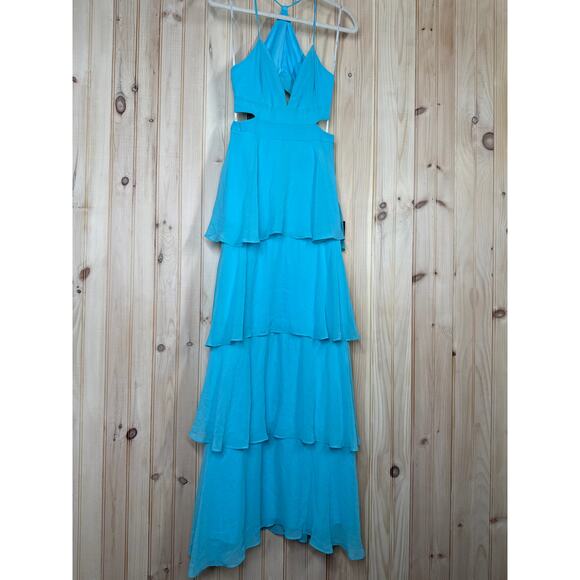 NWT Lulus Tier and Now Blue Tie-Back Tiered Maxi Dress Dance Gala Wedding Sz M - Picture 2 of 8